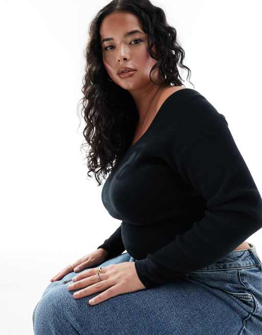 ASOS DESIGN Curve - Top en maille à épaules dénudées style encolure bardot - Noir