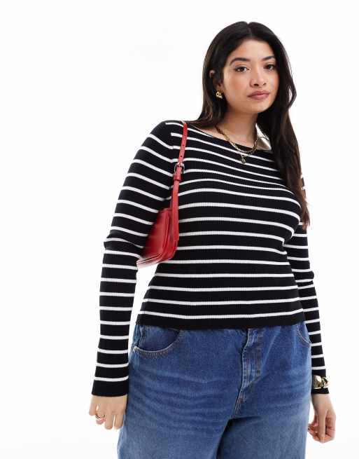 ASOS DESIGN Curve - Top en maille rayée à manches longues et col bateau - Noir et blanc