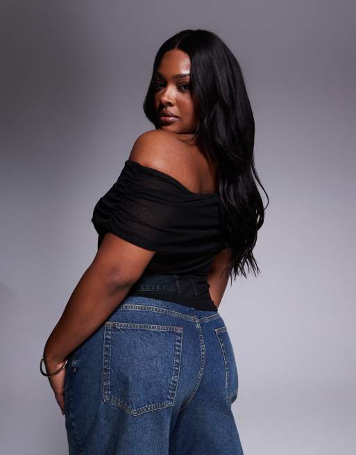 ASOS DESIGN Curve - Top en tulle à épaules dénudées et détail rabattu froncé - Noir, 4 de 4