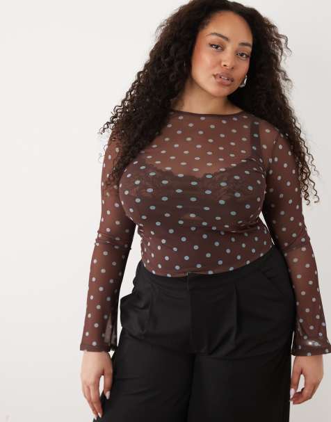 ASOS DESIGN Curve - Top en tulle transparent à pois et manches longues évasées - Marron - view 1