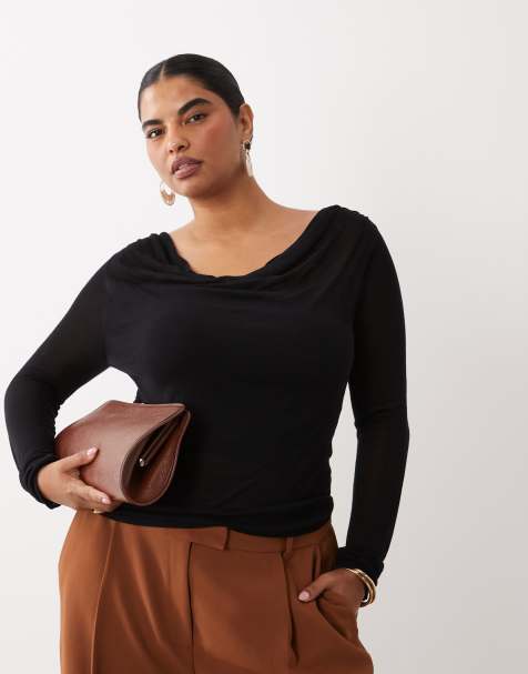 ASOS DESIGN Curve top fin en maille avec col bénitier drapé noir - view 1