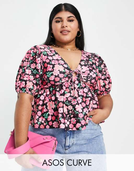 ASOS DESIGN Curve - Top folk texturé à manches bouffantes - Imprimé à fleurs