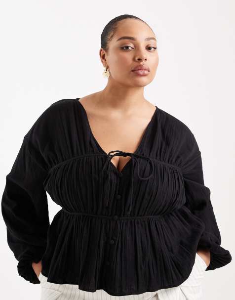 ASOS DESIGN Curve - Top grembiule a maniche lunghe nero con bottoni - view 1