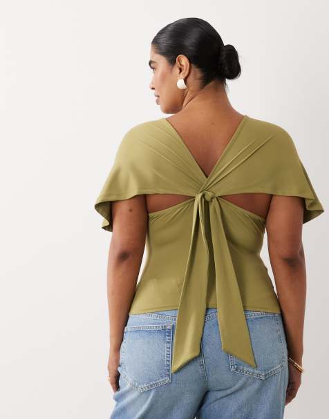 ASOS DESIGN Curve top i polyamid med dyb udskæring, uden ærmer og bindebånd i ryggen i khaki - view 1