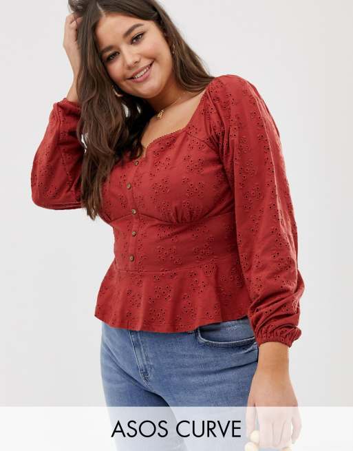 ASOS DESIGN Curve top in broderie with button front and peplum