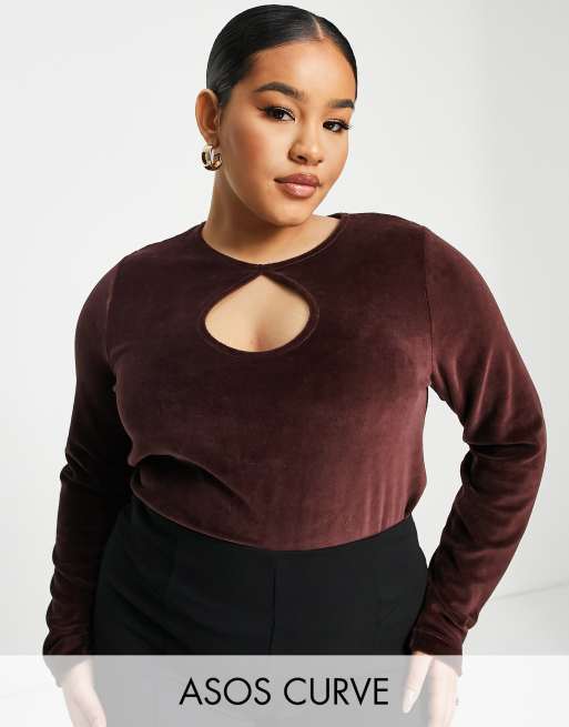 ASOS DESIGN Curve top in long sleeve with keyhole in velour in brown