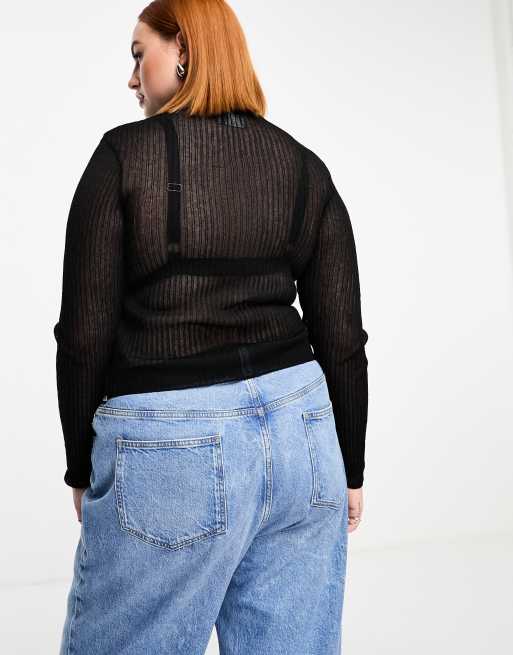 ASOS DESIGN - Top in maglia trasparente con colletto e bottoni nero