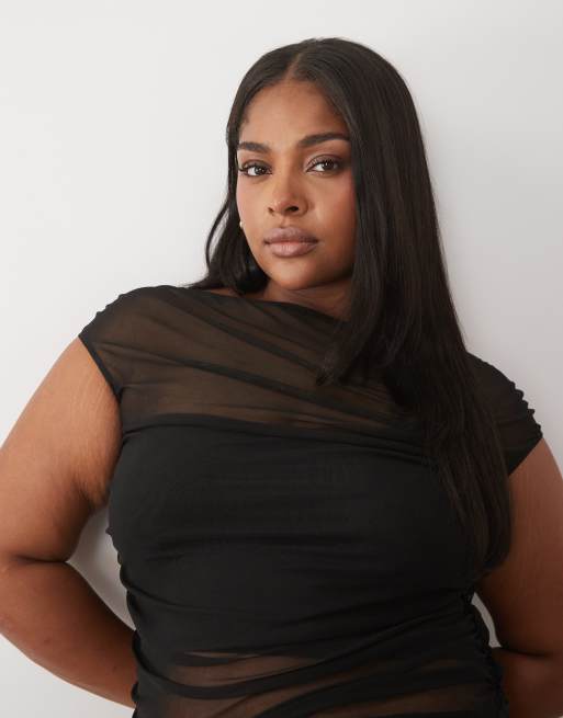 ASOS DESIGN Curve top in mesh con arricciature, maniche corte e spalle scoperte nero, 4 di 4