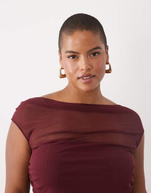 ASOS DESIGN Curve top in mesh con maniche corte, arricciato e con spalle scoperte, bordeaux, 4 di 4