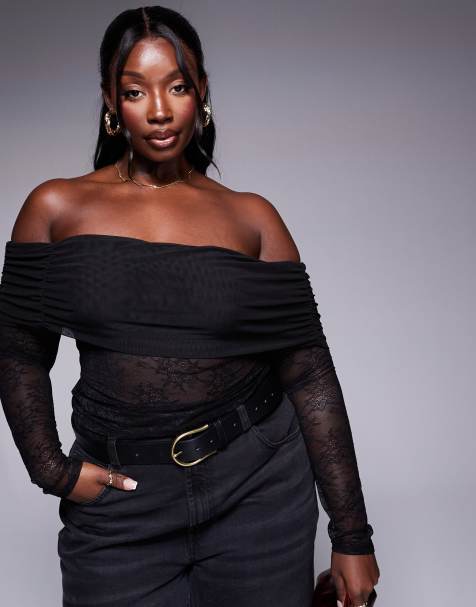 ASOS DESIGN Curve - Top in pizzo nero con scollo Bardot risvoltato - view 1