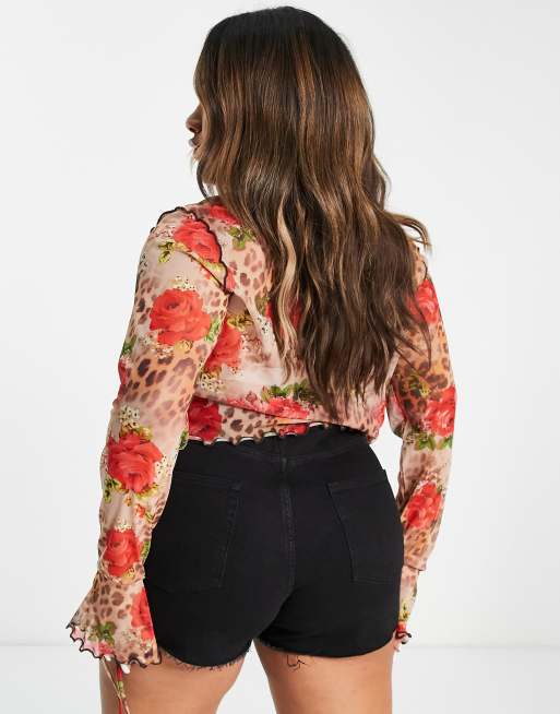 ASOS DESIGN Curve - Top in rete allacciato sul davanti con stampa animalier e rose - MULTI, 2 di 4