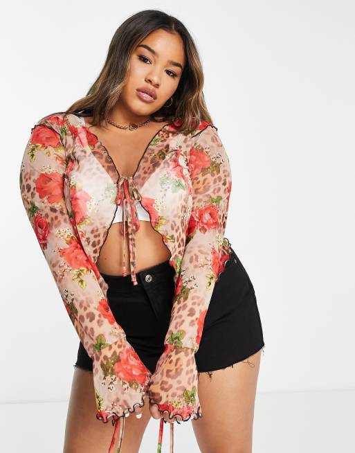 ASOS DESIGN Curve - Top in rete allacciato sul davanti con stampa animalier e rose - MULTI, 3 di 4