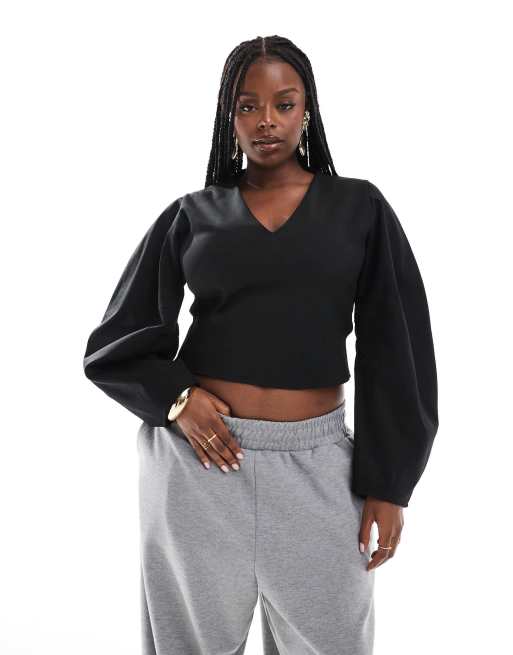 ASOS DESIGN Curve - Top in tessuto scuba nero con scollo profondo e maniche cocoon