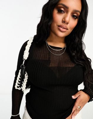 ASOS DESIGN Curve knitted top with sheer asymmetric detail in black - ASOS Price Checker