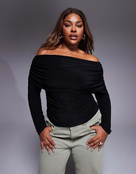 ASOS DESIGN Curve - Top manches longues drapé à encolure Bardot - Noir - view 1