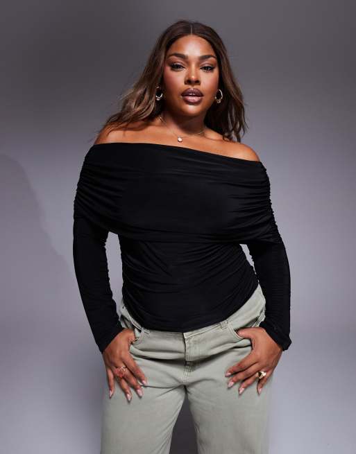 ASOS DESIGN Curve - Top manches longues drapé à encolure Bardot - Noir