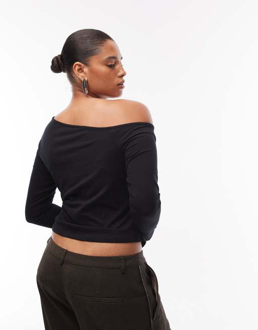 ASOS DESIGN Curve - Top manches longues en coton à épaules dénudées - Noir, 3 de 4