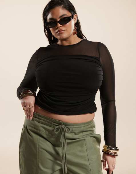 ASOS DESIGN Curve - Top manches longues en tulle drapé sur l'avant - Noir - view 1