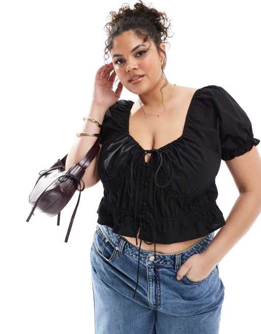 ASOS DESIGN Curve - Top met gestrikte voorkant en pofmouwen in zwart