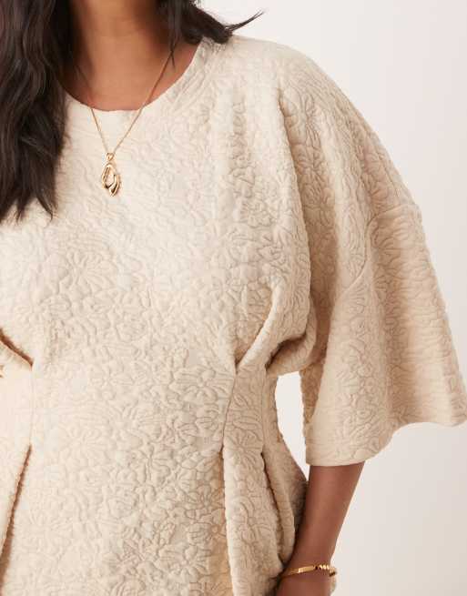 ASOS DESIGN Curve - Top met korte mouwen in crèmekleurig gebloemd jacquard, 3 van 4