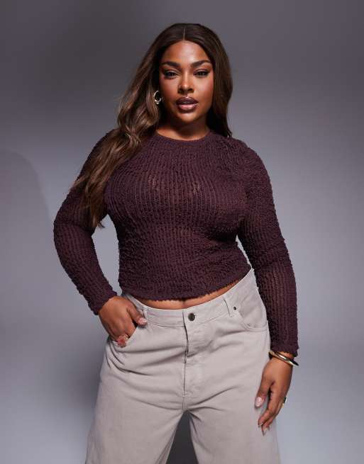 ASOS DESIGN Curve - Top met lange mouwen en getextureerde ruches in bruin