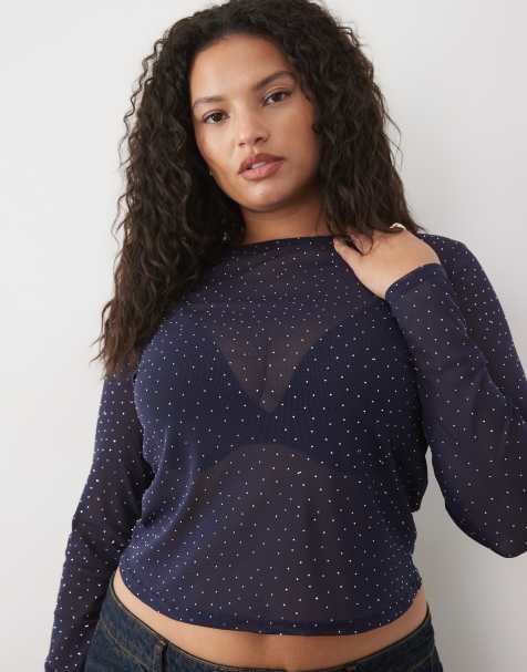 ASOS DESIGN Curve top met lange mouwen van textuurmesh en hotfix in marineblauw - view 1