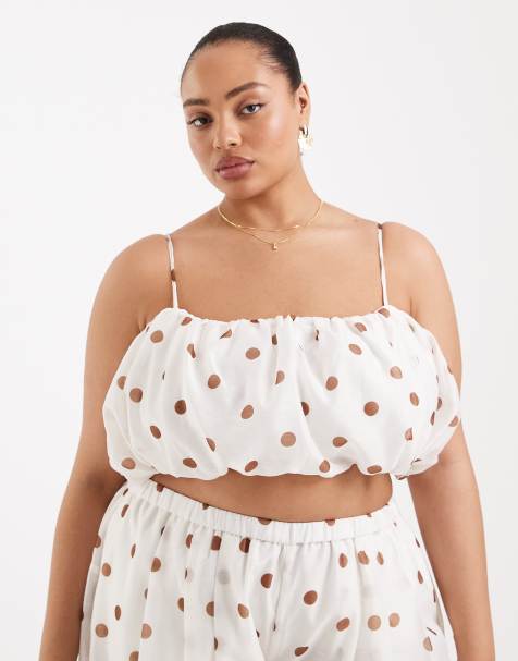 ASOS DESIGN Curve - Top met ruches in wit met terracotta stippen, deel van co-ord set - view 1