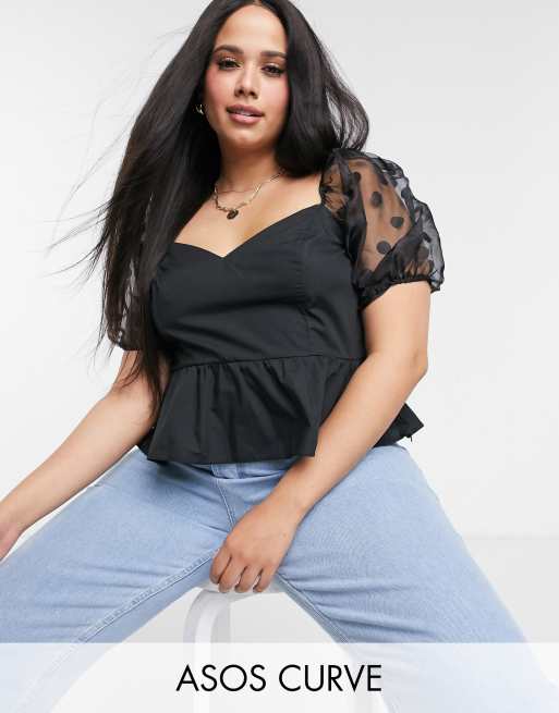 ASOS DESIGN - Curve - Top met strook en organza-mouwen in zwart
