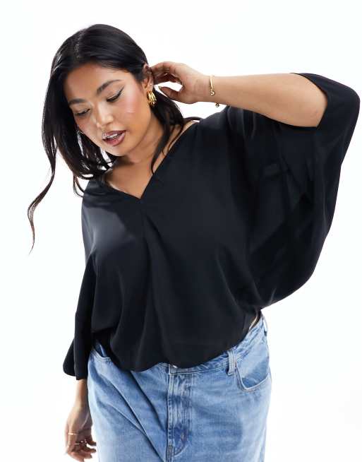 ASOS DESIGN Curve - Top met V-hals, A-lijn en lange mouwen in zwart