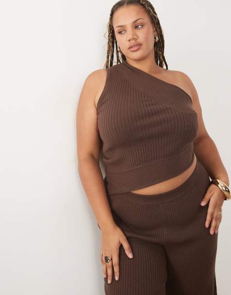 ASOS DESIGN Curve - Top monospalla in maglia a coste color cioccolato in coordinato - view 1