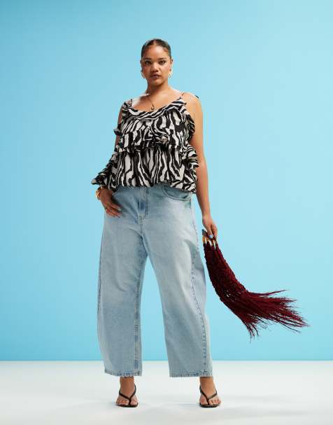 ASOS DESIGN Curve – Top na wiązanych ramiączkach z falbankami w paski zebry - view 1