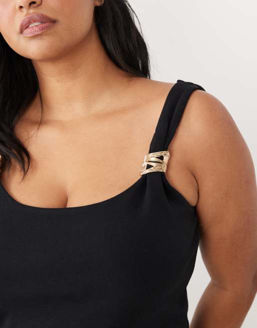 ASOS DESIGN Curve - Top negro sin mangas de tejido compacto de algodón con detalle dorado, 3 de 4
