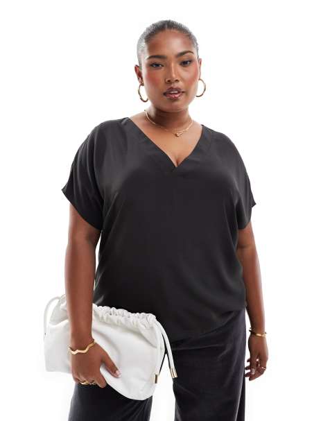 ASOS DESIGN Curve - Top nero a maniche corte con scollo a V - view 1