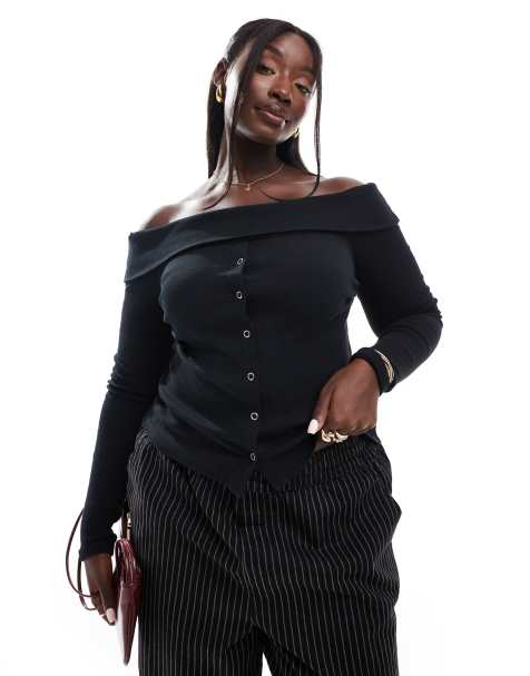 ASOS DESIGN Curve - Top nero con bottoni con spalle scoperte - view 1