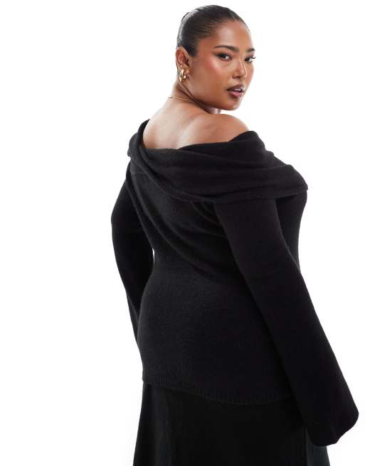 ASOS DESIGN Curve - Top nero in maglia con scollo alla Bardot asimmetrico, 3 di 4