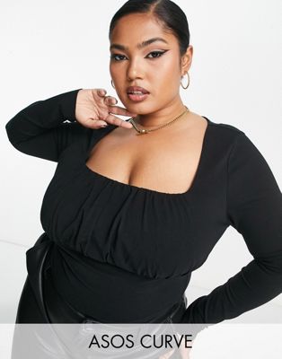 ASOS DESIGN Curve gathered bust detail long sleeve top in black - ASOS Price Checker
