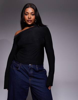 ASOS DESIGN Curve - Top près du corps à épaules dénudées et foulard - Noir 2XL