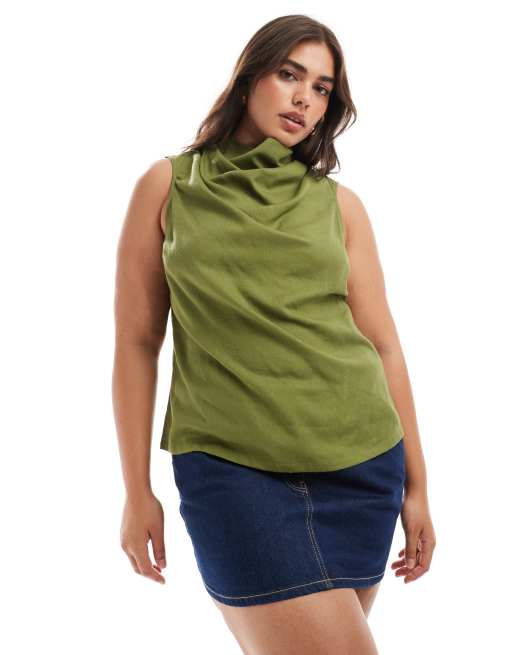 ASOS DESIGN Curve - Top sans manches à col bénitier en lin mélangé - Kaki, 2 de 4