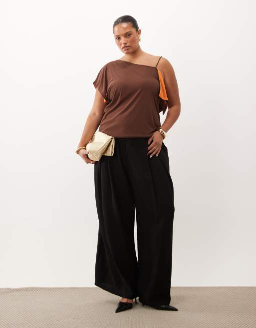 ASOS DESIGN Curve top senza maniche asimmetrico in mesh a doppio strato a contrasto marrone e arancione, 2 di 4