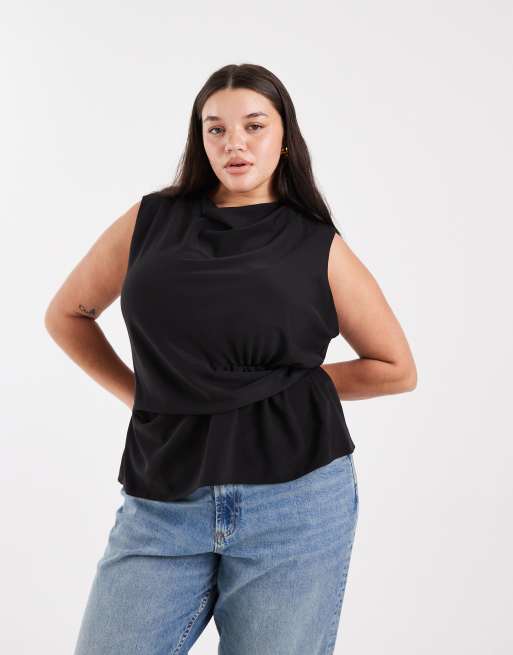 ASOS DESIGN Curve - Top senza maniche nero con scollo ad anello e dettaglio intrecciato in vita