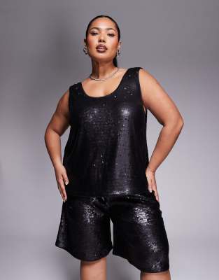 ASOS DESIGN Curve - Top senza maniche sartoriale nero con paillettes in coordinato