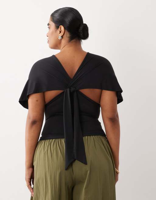 ASOS DESIGN Curve - top sin mangas con escote pronunciado y espalda anudada en negro, 3 de 4