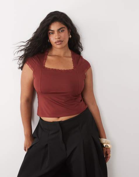 ASOS DESIGN Curve - Top sinuoso rosso ruggine con maniche ad aletta e finiture in pizzo - view 1
