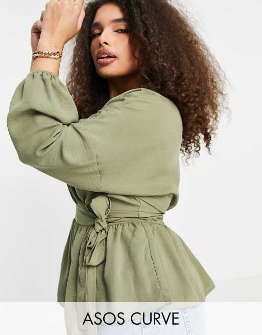 ASOS DESIGN Curve - Top stile kimono a portafoglio con maniche lunghe voluminose, colore kaki