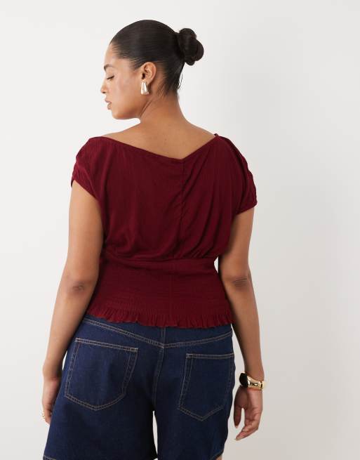 ASOS DESIGN Curve - Top stropicciato con spalle scoperte color mora in coordinato, 4 di 4