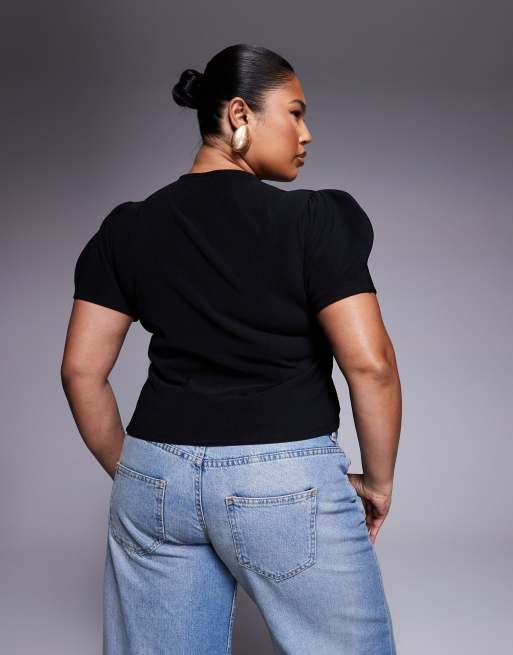 ASOS DESIGN Curve - Top strutturato nero a coste con maniche a sbuffo e bottoni, 4 di 4