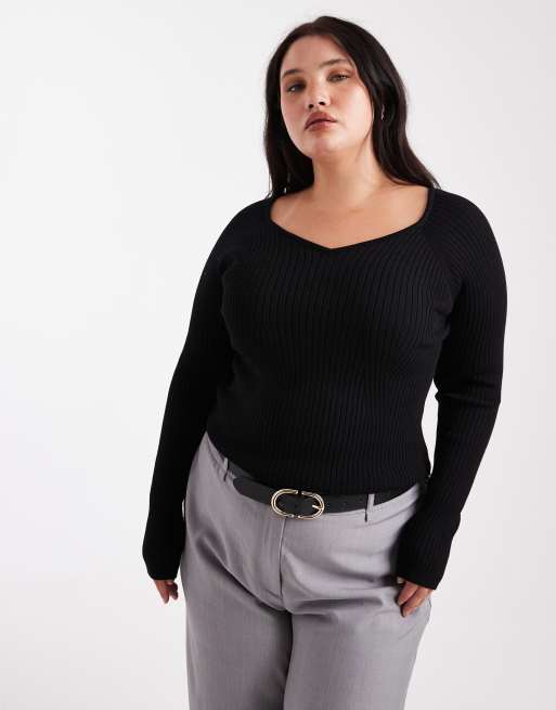 ASOS DESIGN Curve - Top strutturato nero in maglia con scollo a V, 3 di 4