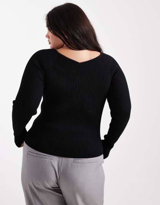ASOS DESIGN Curve - Top strutturato nero in maglia con scollo a V, 4 di 4