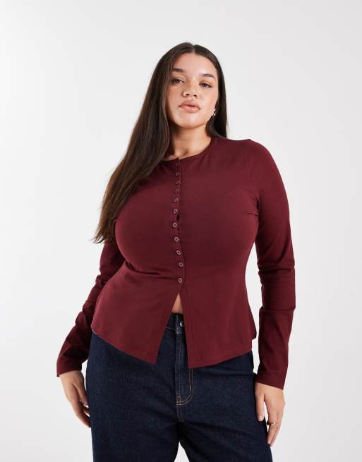 ASOS DESIGN Curve - Top taglio lungo bordeaux in cotone con bottoni
