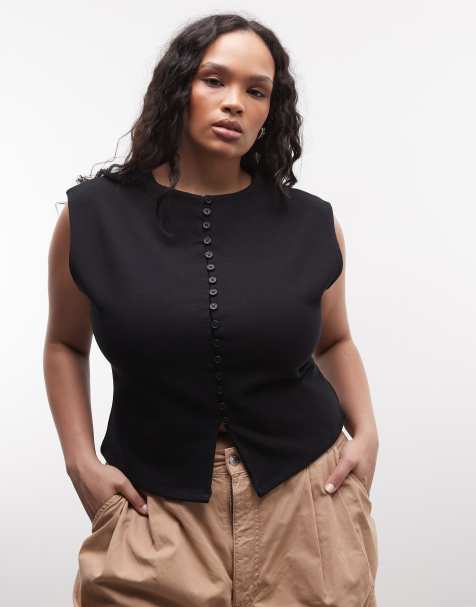 ASOS DESIGN Curve - Top van compact katoen met aangeknipte mouwen en knoopsluiting in zwart - view 1